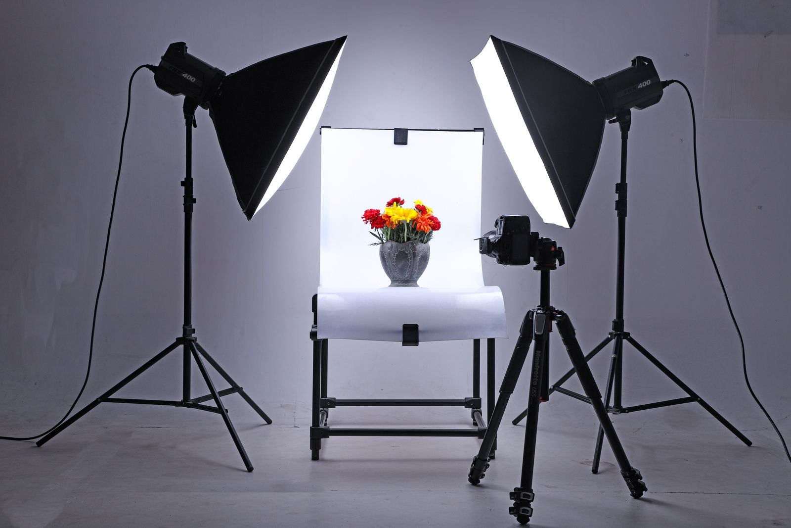 A still life of flowers lit for a commercial photograph
